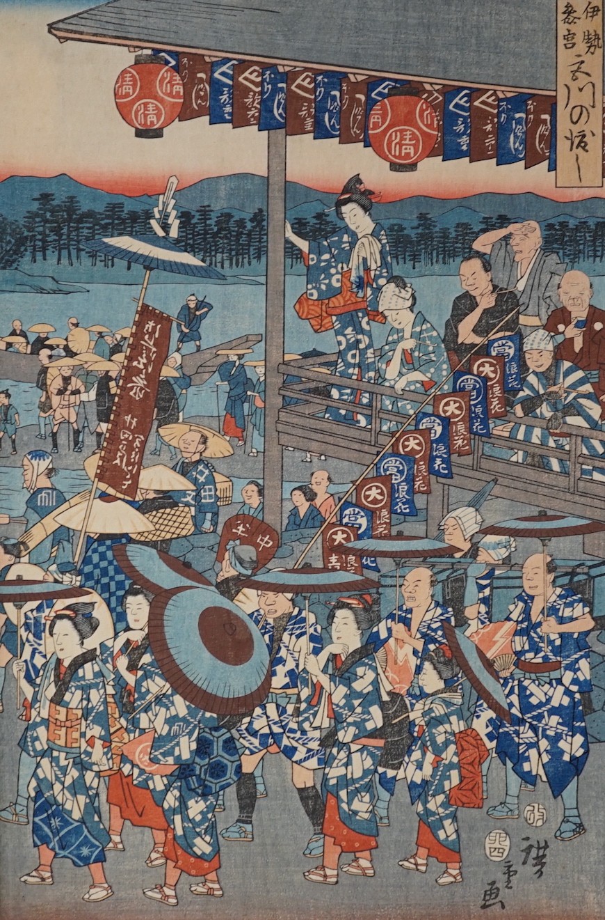 Japanese School, two woodblock prints, Procession of figures, 35 x 23cm and Two geisha, 39 x 26cm, one signed Hiroshige and one signed Eizan, unframed